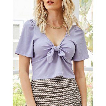 

Textured Plain Color T Shirt Bowknot Plunging Neck Short Sleeve Casual Tee, Light purple