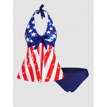 

American Flag Print Halter Tankini Swimsuit Padded Modest Swimwear Boyleg Bathing Suit, Multicolor a