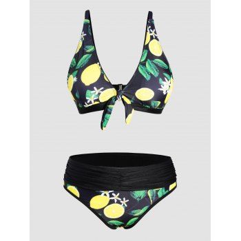 

Lemon Floral Leaf Print Vacation Bikini Swimsuit Padded Plunge Bikini Two Piece Swimwear Ruched Bathing Suit, Multicolor a