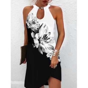 

Flower Ink Painting Print Mini Dress Cut Out Sleeveless Casual Dress, Black