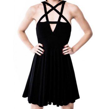 

Gothic Mini Dress Star-cut-out Sleeveless Solid Color Casual Dress, Black