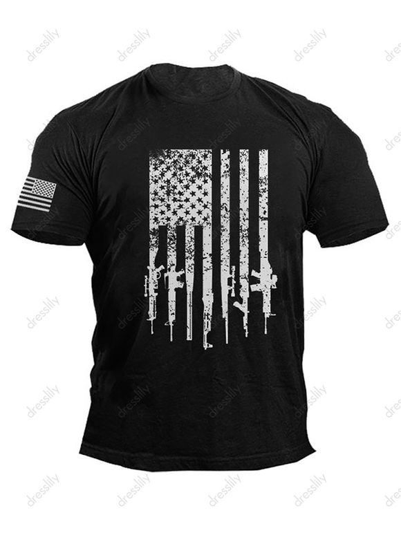 T-shirt Décontracté à Imprimé Drapeau Américain Manches Courtes à Col Rond - Noir 3XL