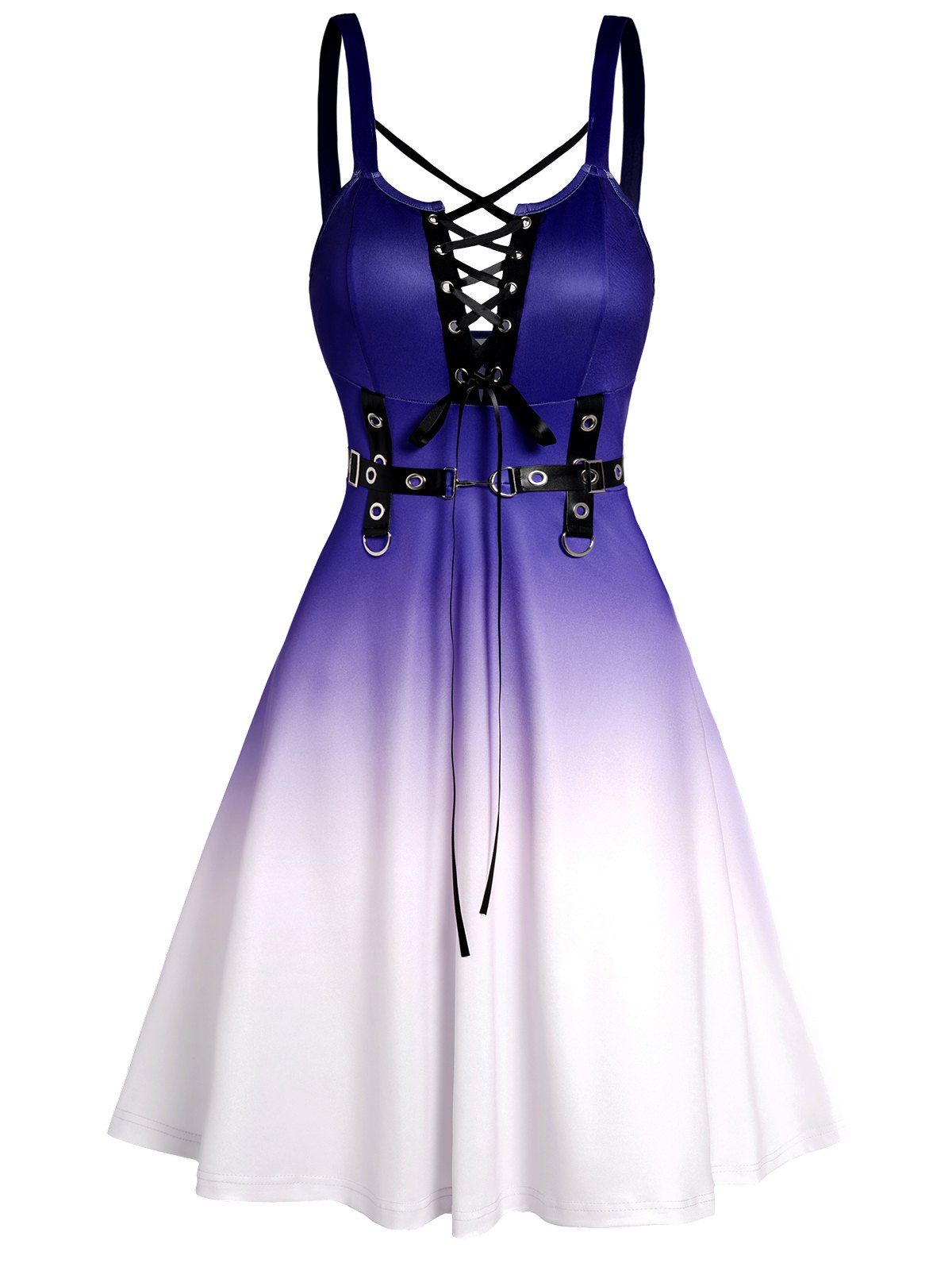 Ombre Dress Lace Up Crisscross Grommet Sleeveless High Waisted A Line Mini Dress - PURPLE L