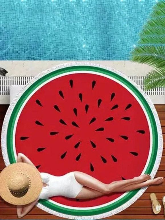 Serviette de Plage Tendance en Forme de Cercle avec Pompons à Imprimé Melon - Rouge 150CM (ROUND)