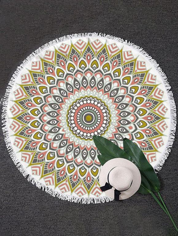 Serviette de Plage Tendance en Forme de Cercle avec Pompons à Imprimé Fleurs - multicolor 150CM (ROUND)