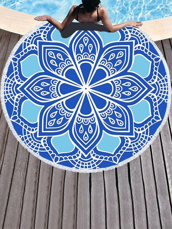 Serviette de Plage Tendance en Forme de Cercle avec Pompons à Imprimé Fleurs - multicolor 150CM (ROUND)