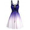 Ombre Dress Lace Up Crisscross Grommet Sleeveless High Waisted A Line Mini Dress - PURPLE M
