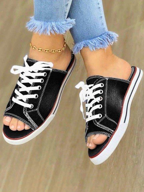 Canvas Open Toe Lace Up Flat Platform Trendy Slippers