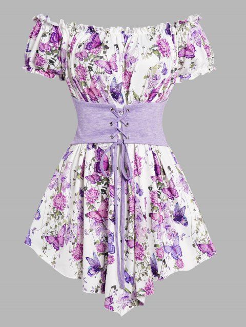 Butterfly Flower Print T Shirt Ruffle Off The Shoulder Lace Up Colorblock Asymmetrical Hem Long Tee