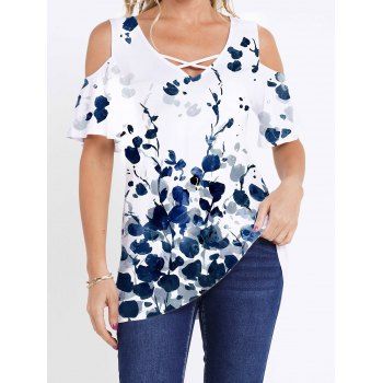 

Cold Shoulder T Shirt Crisscross Leaf Print V Neck Casual Long Tee, White