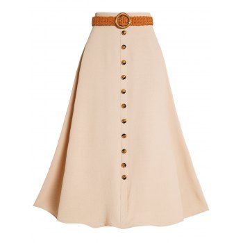 

Solid Color Belted Maxi Skirt Mock Button Casual Long Skirt, Light coffee