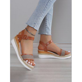 

Houndstooth Buckle Strap Wedge Heels Open Toe Trendy Sandals, Brown