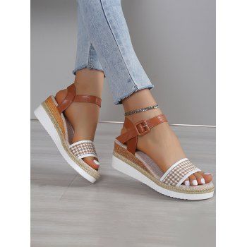 

Houndstooth Buckle Strap Wedge Heels Open Toe Trendy Sandals, White