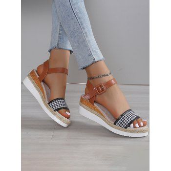 

Houndstooth Buckle Strap Wedge Heels Open Toe Trendy Sandals, Black