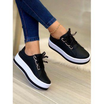 

Metallic Lace Up Thick Platform Trendy Outdoor Shoes, Black