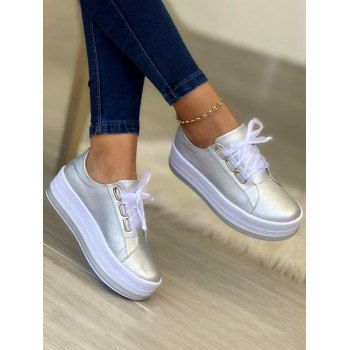 

Metallic Lace Up Thick Platform Trendy Outdoor Shoes, Silver