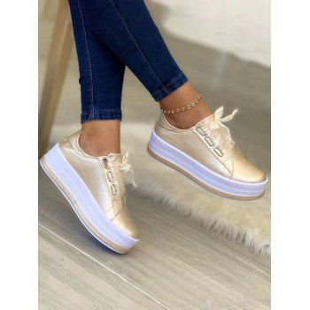 

Metallic Lace Up Thick Platform Trendy Outdoor Shoes, Golden