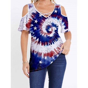 

Swirl Star Tie Dye Print T Shirt Crisscross Cold Shoulder Casual Long Tee, Multicolor