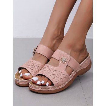 

Plain Color Rhinestone Sun Embellishment Slip On Flat Platform Open Toe Trendy Slippers, Pink