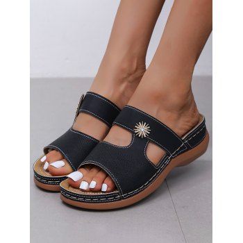 

Plain Color Rhinestone Sun Embellishment Slip On Flat Platform Open Toe Trendy Slippers, Black