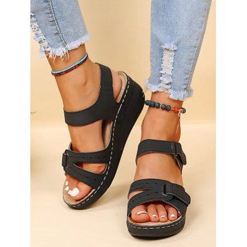 

Plain Color Buckle Strap Wedge Heels Trendy Outdoor Sandals, Black