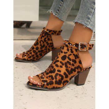 

Open Toe Rivet Wedge Heels Buckle Strap Trendy Sandals, Leopard