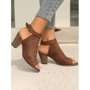 

Open Toe Rivet Wedge Heels Buckle Strap Trendy Sandals, Coffee