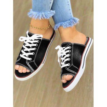 Canvas Open Toe Lace Up Flat Platform Trendy Slippers