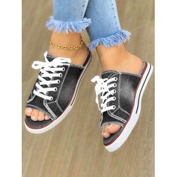 

Canvas Open Toe Lace Up Flat Platform Trendy Slippers, Gray