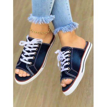 

Canvas Open Toe Lace Up Flat Platform Trendy Slippers, Deep blue