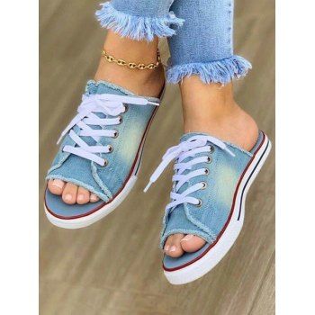 

Canvas Open Toe Lace Up Flat Platform Trendy Slippers, Light blue