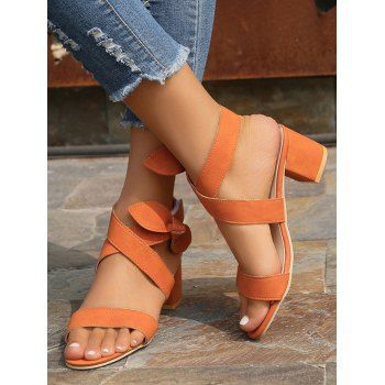 

Plain Color Crossover Bowknot Open Toe Chunky Heels Trendy Sandals, Brown