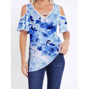 

Flower Print T Shirt Crisscross Cold Shoulder V Neck Casual Long Tee, Light blue