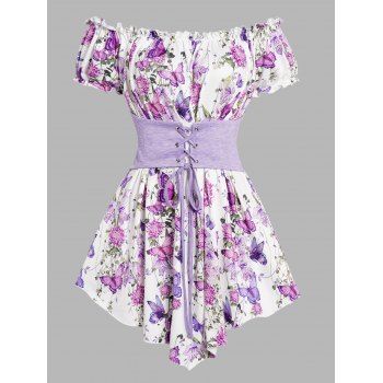 

Butterfly Flower Print T Shirt Ruffle Off The Shoulder Lace Up Colorblock Asymmetrical Hem Long Tee, Light purple