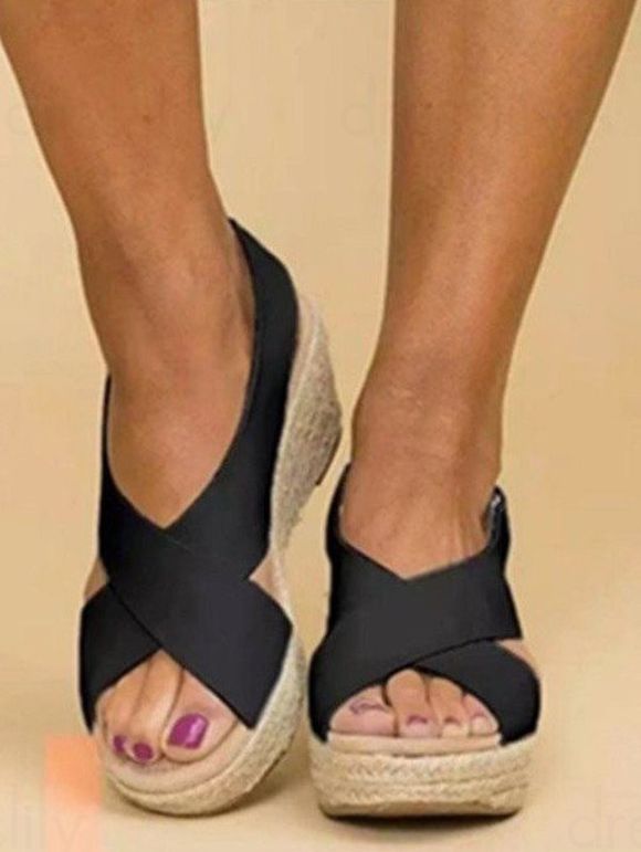 Crossover Open Toe Wedge Heels Slip On Casual Sandals - Noir EU 40