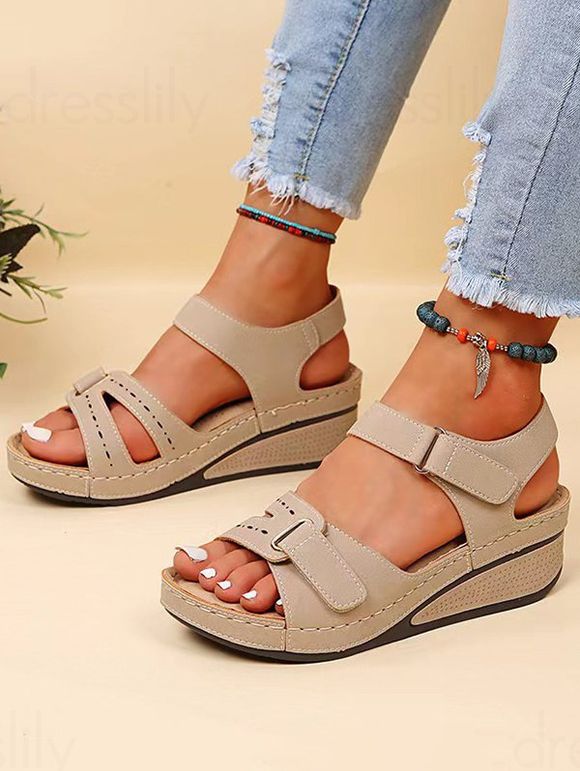 Plain Color Buckle Strap Wedge Heels Trendy Outdoor Sandals - Beige EU 38