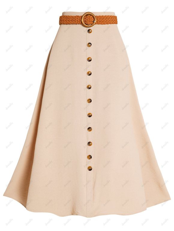 Solid Color Belted Maxi Skirt Mock Button Casual Long Skirt - LIGHT COFFEE XXL