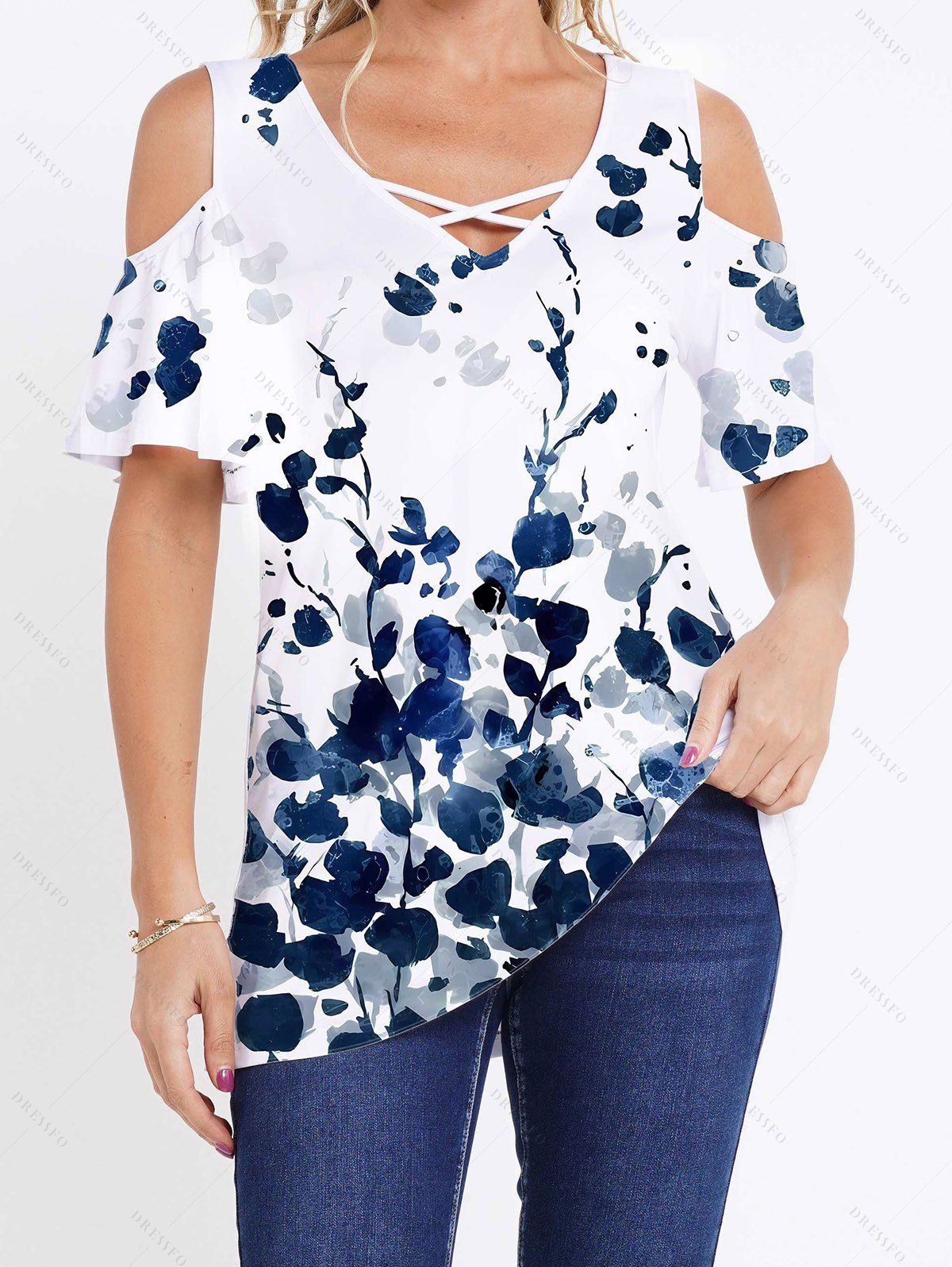 Cold Shoulder T Shirt Crisscross Leaf Print V Neck Casual Long Tee - WHITE L