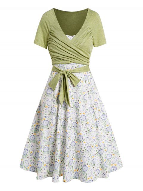 Plaid Leaf Printed A Line Vacation Sundress and Bowknot Surplice T Shirt Two Piece Summer Set