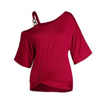 

Plus Size & Curve T-shirt Solid Color Skew Collar Twist Front Buckle Strap Tee, Red