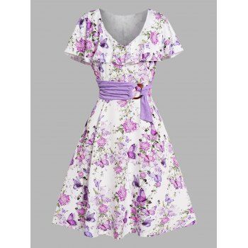 

Allover Flower Butterfly Print Midi Dress Flounce O Ring Self-belt V Neck Garden Dress, Purple