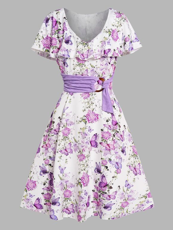Allover Flower Butterfly Print Midi Dress Flounce O Ring Self-belt V Neck Garden Dress - PURPLE S
