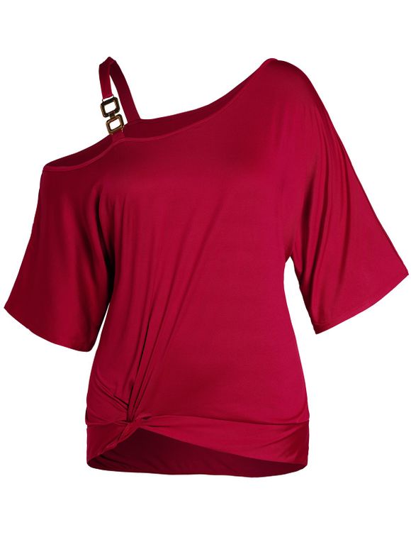 T-shirt Torsadé en Avant en Couleur Unie à Bretelle Bouclée à Col Oblique Courbe Grande Taille - Rouge 4X