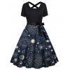 Robe Mi-Longue Ligne A Ceinturée Etoile Lune et Soleil Imprimés à Taille Haute - Bleu profond 4X