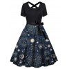 Plus Size Dress Sun Moon Star Planet Print Bowknot Belted Crossover Back High Waisted A Line Midi Dress - DEEP BLUE 5X