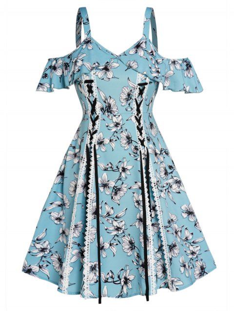 Plus Size & Curve Vacation Dress Flower Print Cold Shoulder Lace Up Flounce High Waist Dress