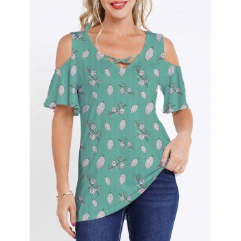 

Fruit Print T Shirt Cold Shoulder Crisscross V Neck Casual Long Tee, Light green