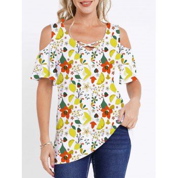 

Colored Flower Leaf Lemon Print T Shirt Cold Shoulder Crisscross Casual Long Tee, Light yellow