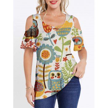 

Colored Flower Leaf Cute Owl T Shirt Crisscross Cold Shoulder Casual Long Tee, Multicolor