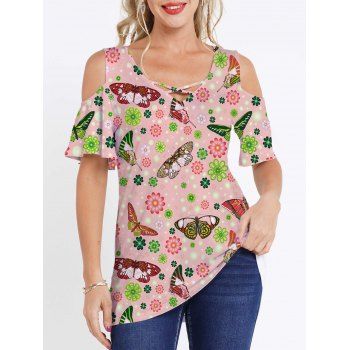 

Colored Flower Butterfly Print T Shirt Cold Shoulder Crisscross V Neck Casual Long Tee, Light pink